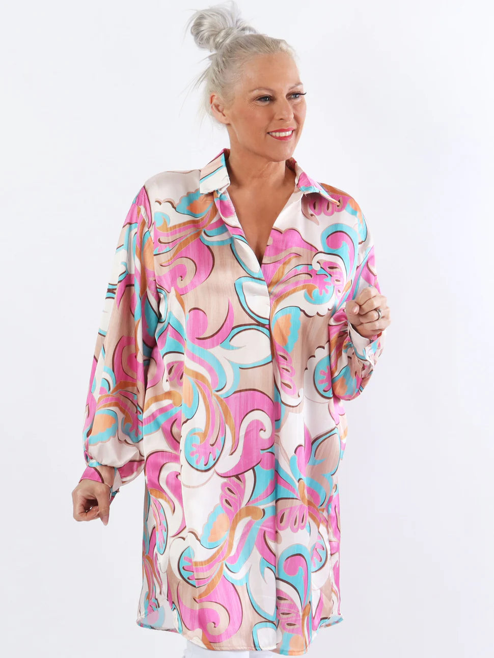 Happy Dress - Flerfärgad skjortklänning i sidenlook